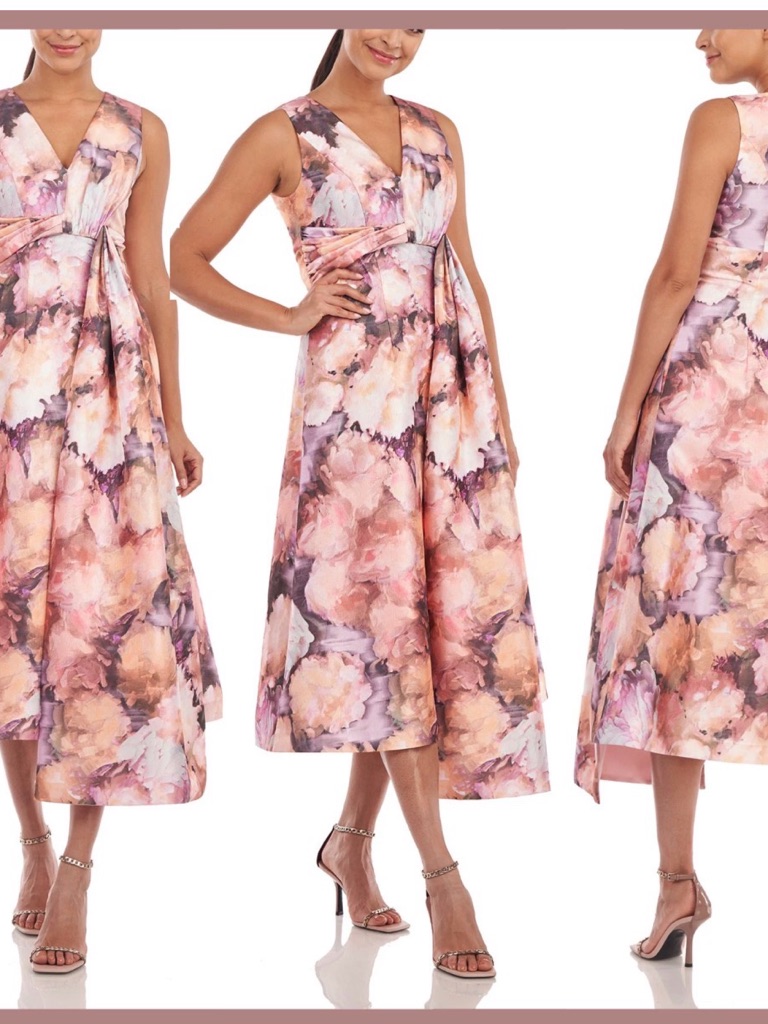 Kay Unger Blush, Lavender & Peach Floral V-Neck Midi Dress Nwot